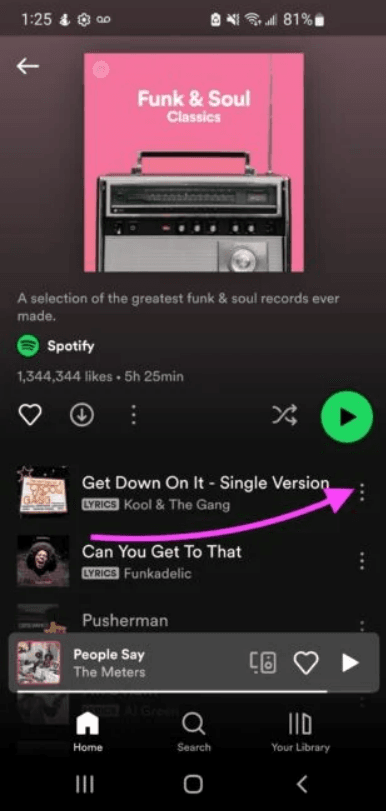 Tap the vertical ellipsis icon on a song, album, or playlist